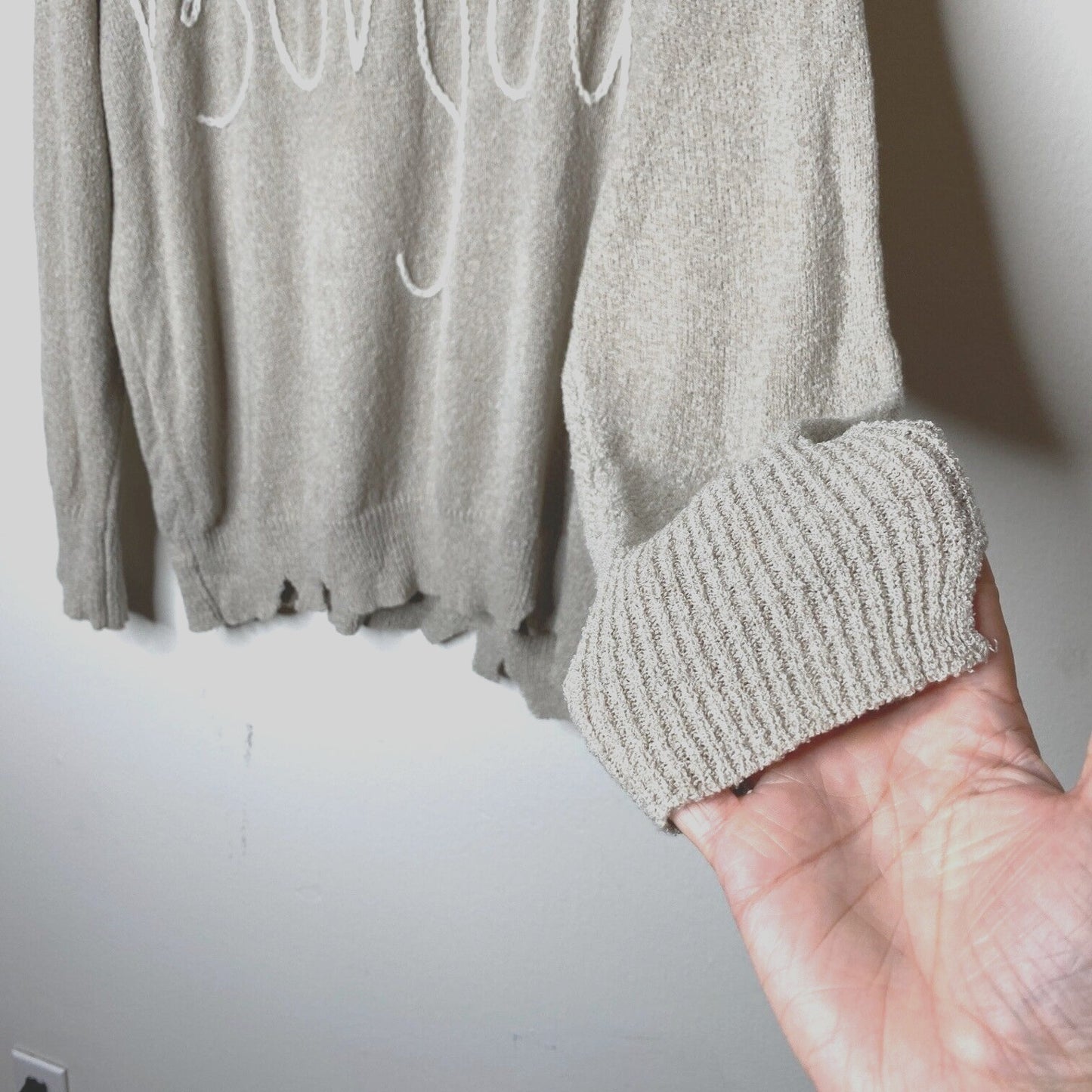 William B Taupe Bonjour Embroidered Oversize Distressed Sweater Long Sleeve S