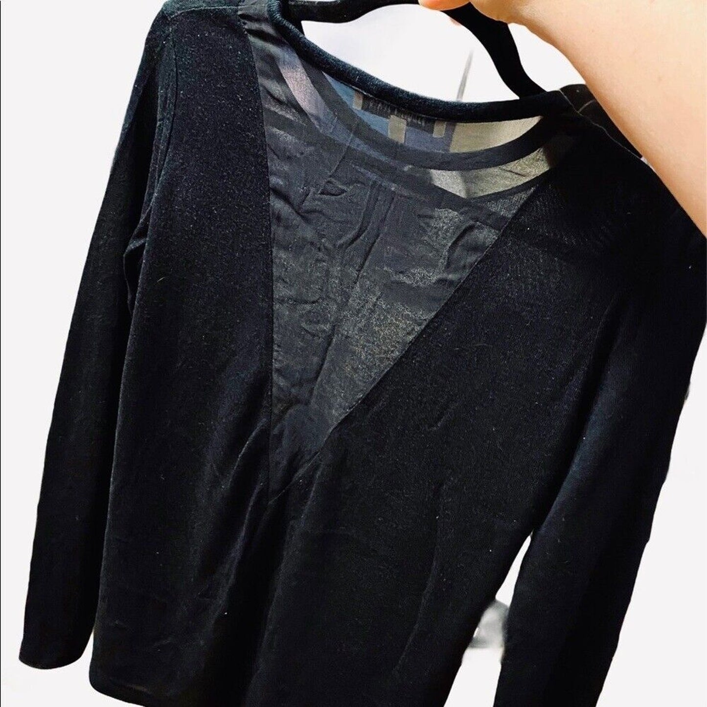 Elizabeth & James Black Sheer Mesh Yoke Long Sleeve Top Open Back Lightweight Knit XS