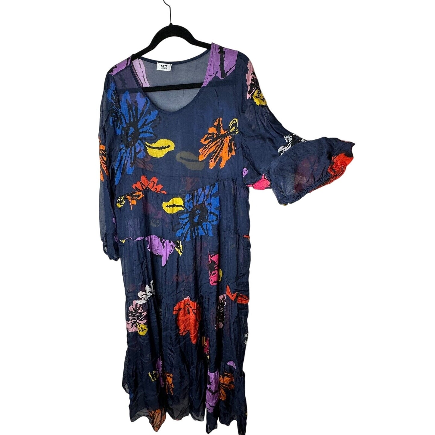 Kate by Laltramoda Sheer Navy Multi Floral Boho Midi Dress 3/4 Sleeve Large