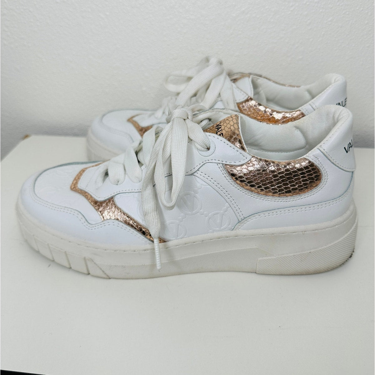 Valentino Minerva Monogram White & Rose Gold Leather Lace Sneaker 9