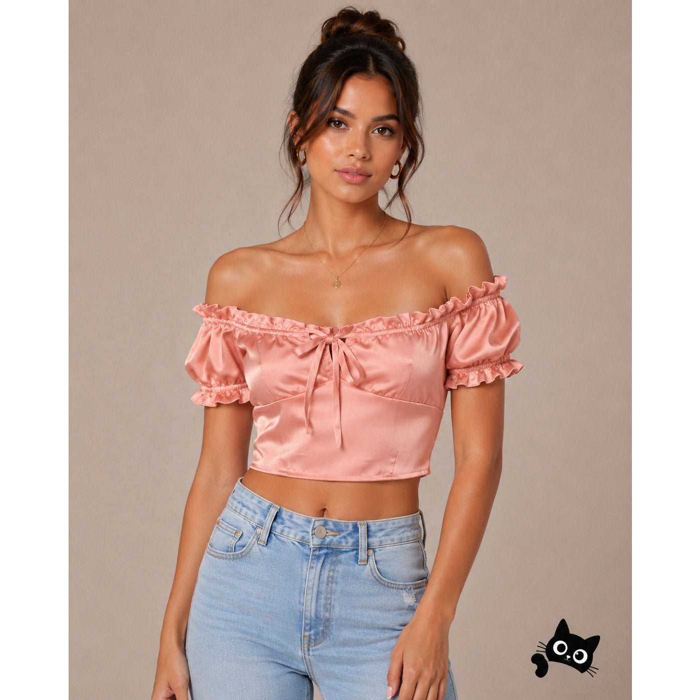 Nasty Gal Peachy Pink Satin Bodice Off Shoulder Crop Tie Close Ruffle Edge Top 6