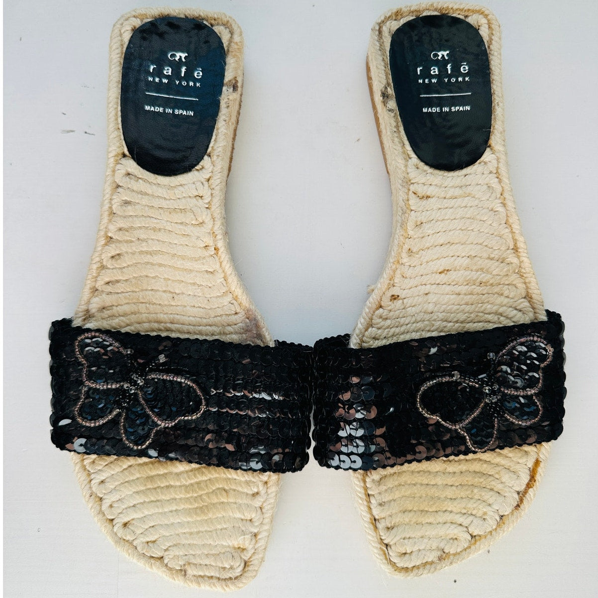 Rafe New York Black Sequin Butterfly Espadrille Slide Sandal Shoes 38 / 7.5