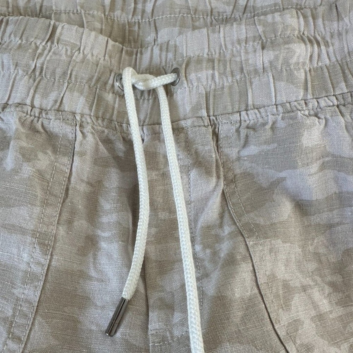 Athleta Cream & Tan Camo Cabo Print Tied Linen Jogger Pant Zip Front Pockets 4