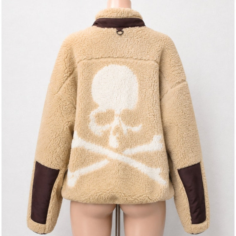 NWT Mastermind World Beige & Brown Cashmere Sherpa Jacket Skull & Crossbone Back