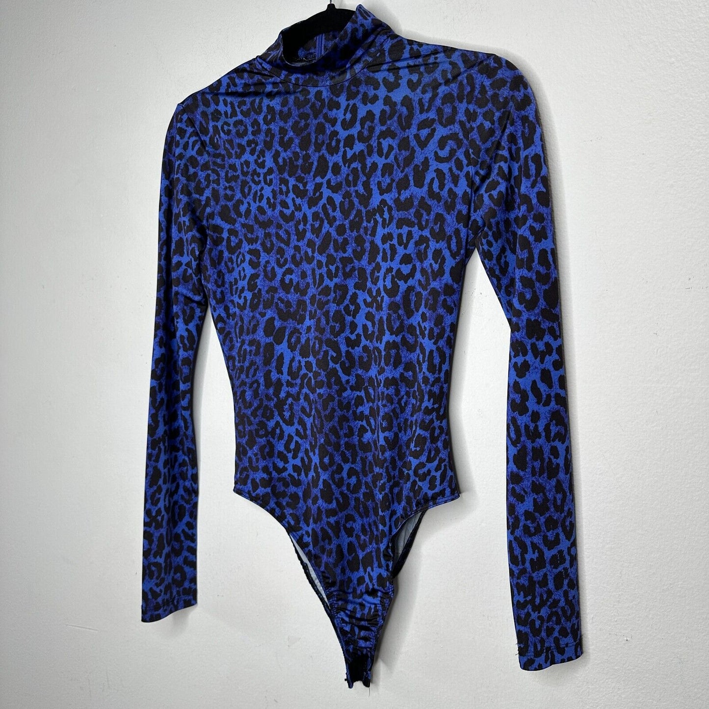 Topshop x Halpern Blue & Black Cheetah Mock Neck Back Zip Snap Bottom Bodysuit 2