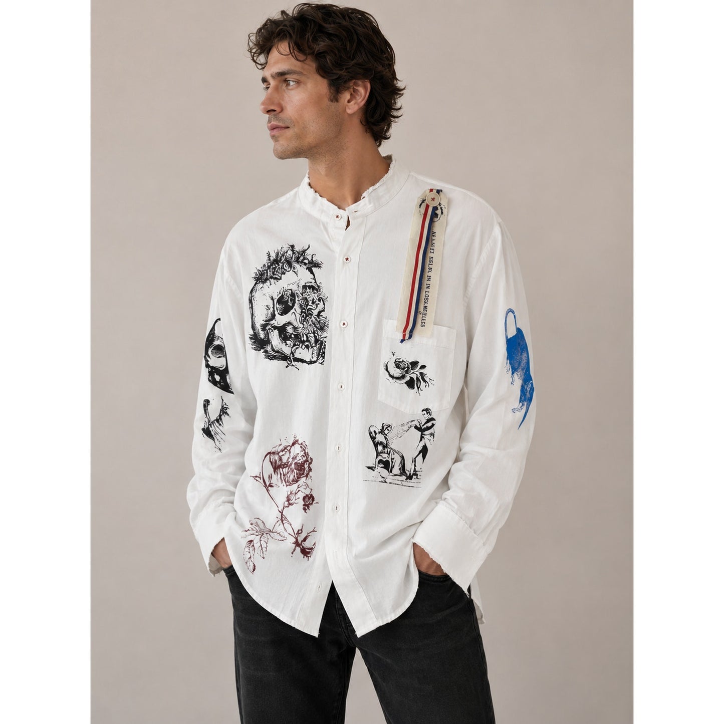NWT Libertine Silk Screen Melange Deconstructed Mandarin Button Shirt L / XL