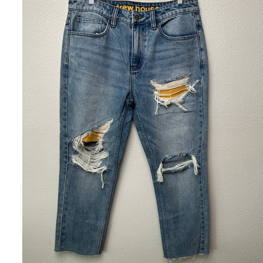 Drew House Cropped Distressed Jeans Raw Hem Corduroy Patch Blue Size 32