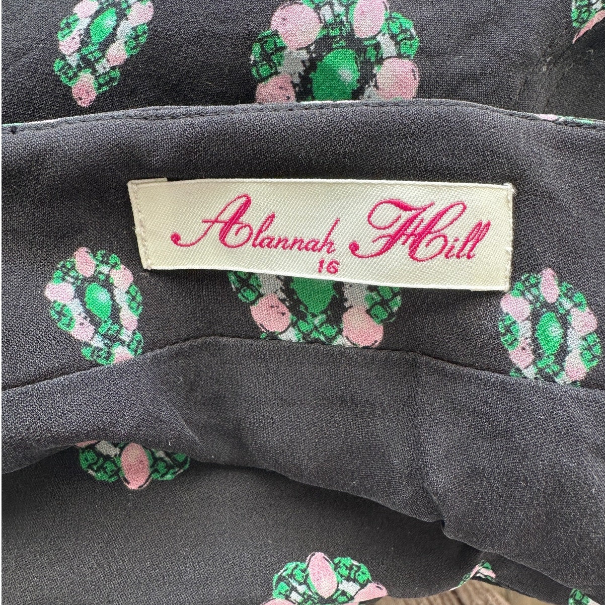 Alannah Hill Black Gem Print Front Slit Silk Skirt US 12