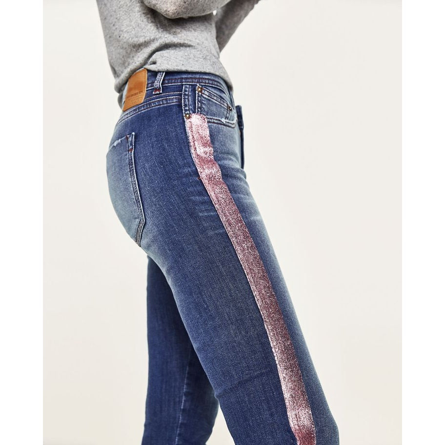 Zara Jeans Medium Wash Womens US 8 Pink Glitter
