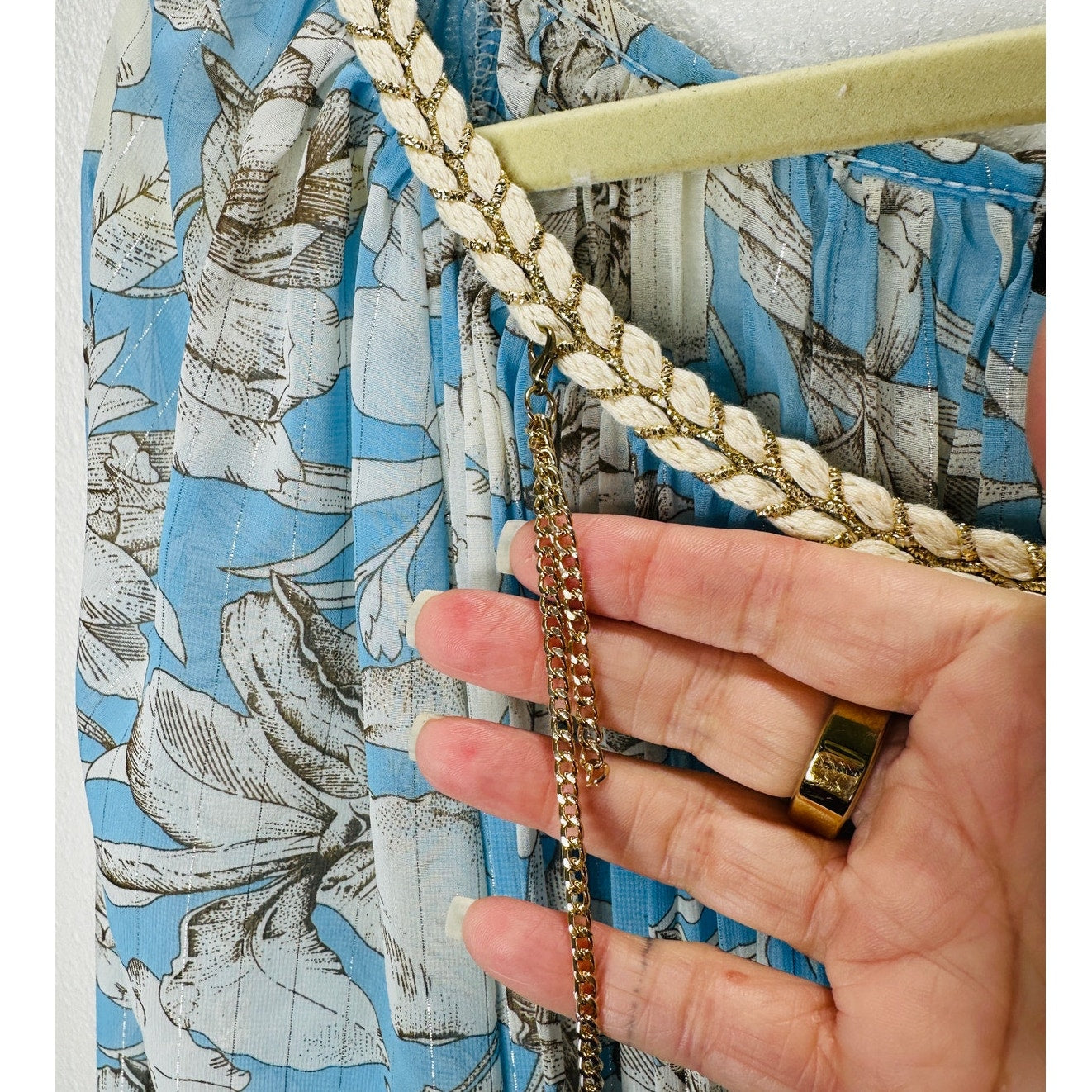 My Story Paris Cream & Blue Accordian Pleat 3/4 Sleeve Blouse S
