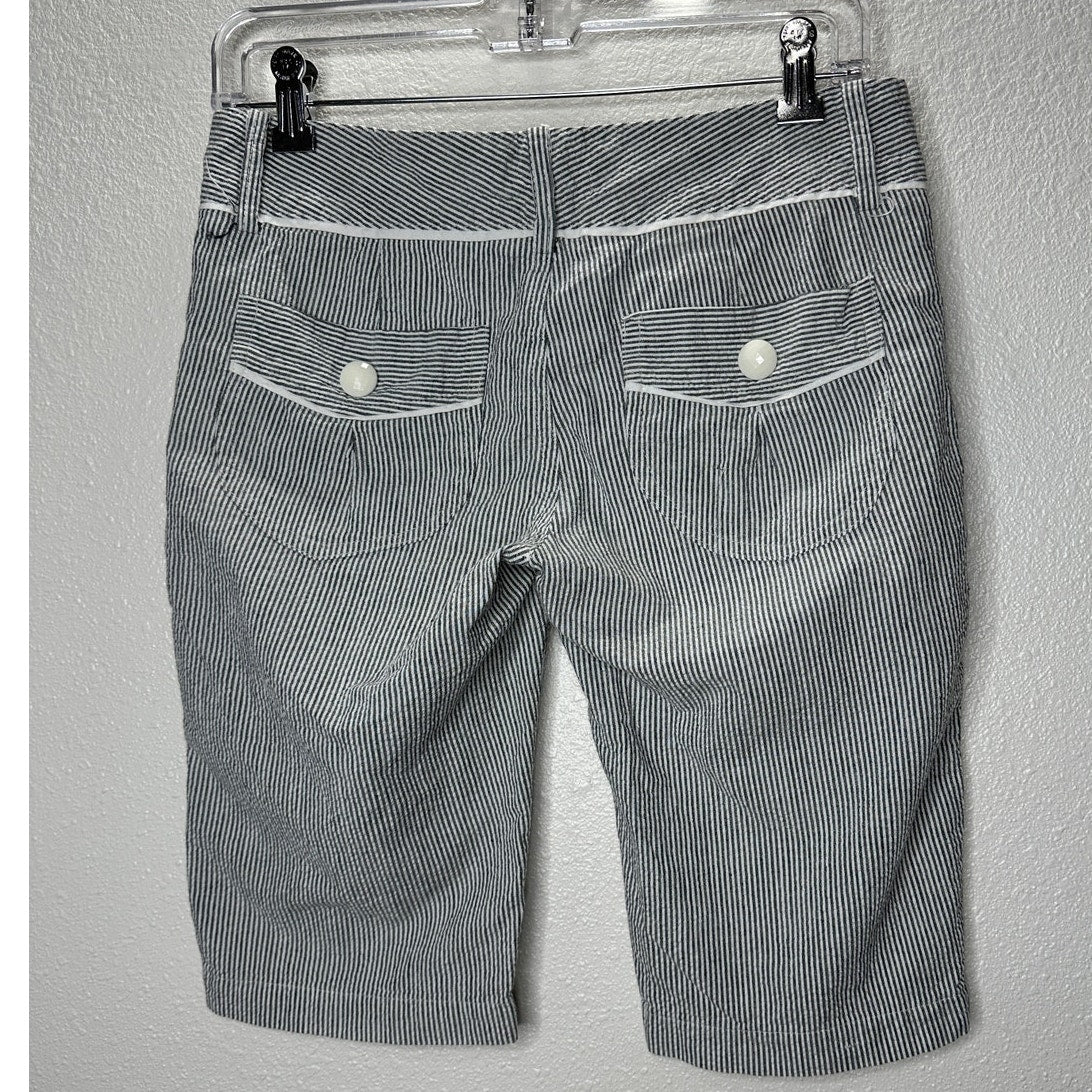 Pixxi Gray & White Striped Bermuda Shorts White Trim & Button Detail M