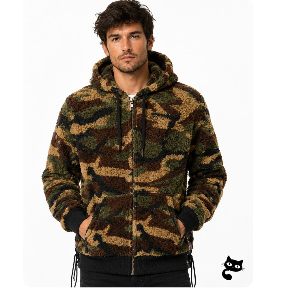 Faith Connexion Camo Sherpa Zip Hoodie Jacket Split Kangaroo Pocket Lace Side SM