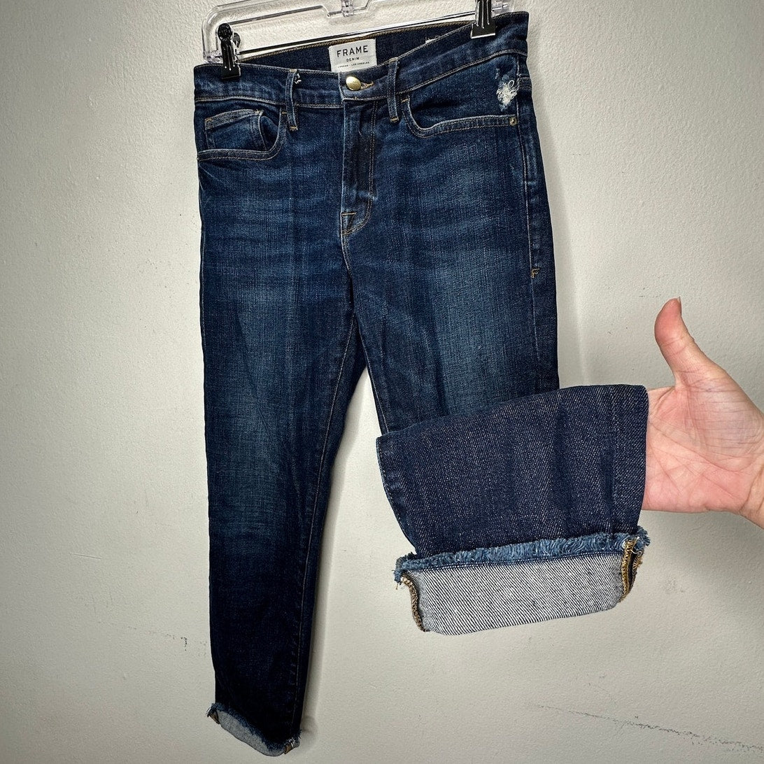 Frame Le Boy Dark Wash Pondview Raw Hem Denim Jeans 27