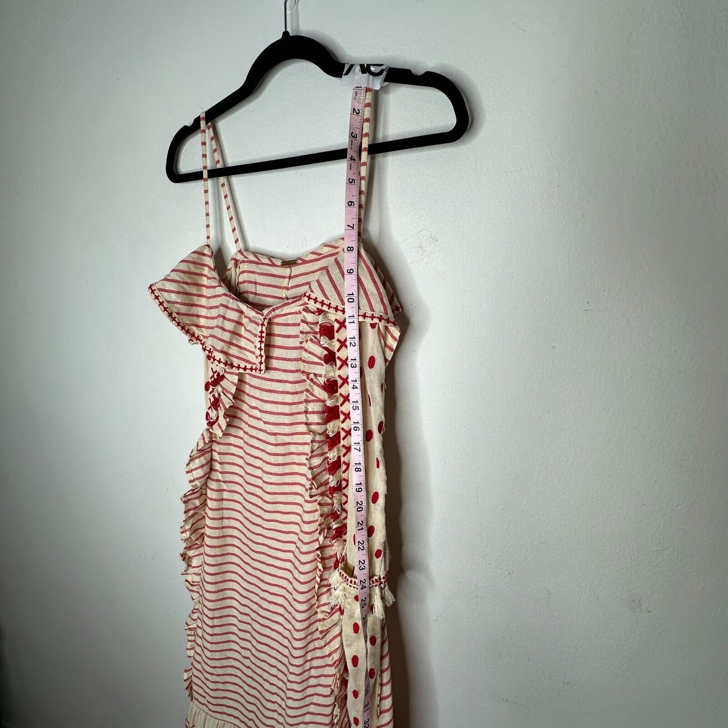 DODO BAR OR Cute Tan & Red Striped Polka Dot Ruffle Fringe Maxi Sun Dress S