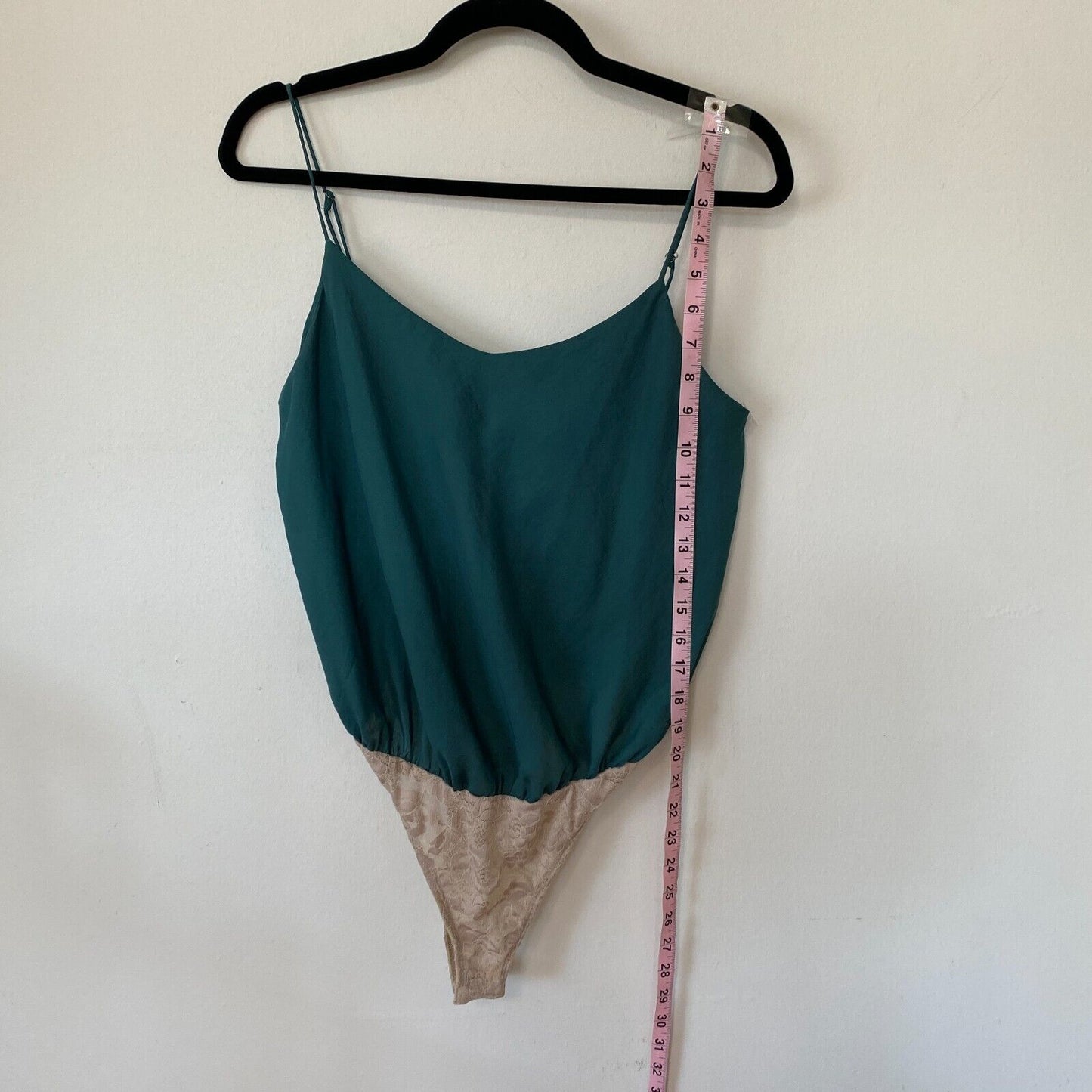 Free People Emerald Green Satin Blouson Bodysuit Tan Snap Lace Brief M