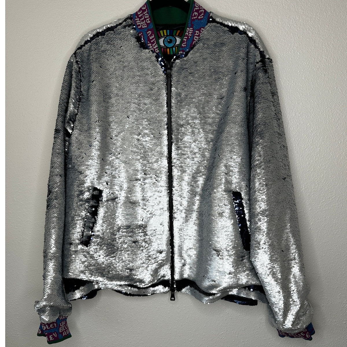 Libertine Silver Black Reversible Sequin Front Zip Long Sleeve Bomber Jacket XL
