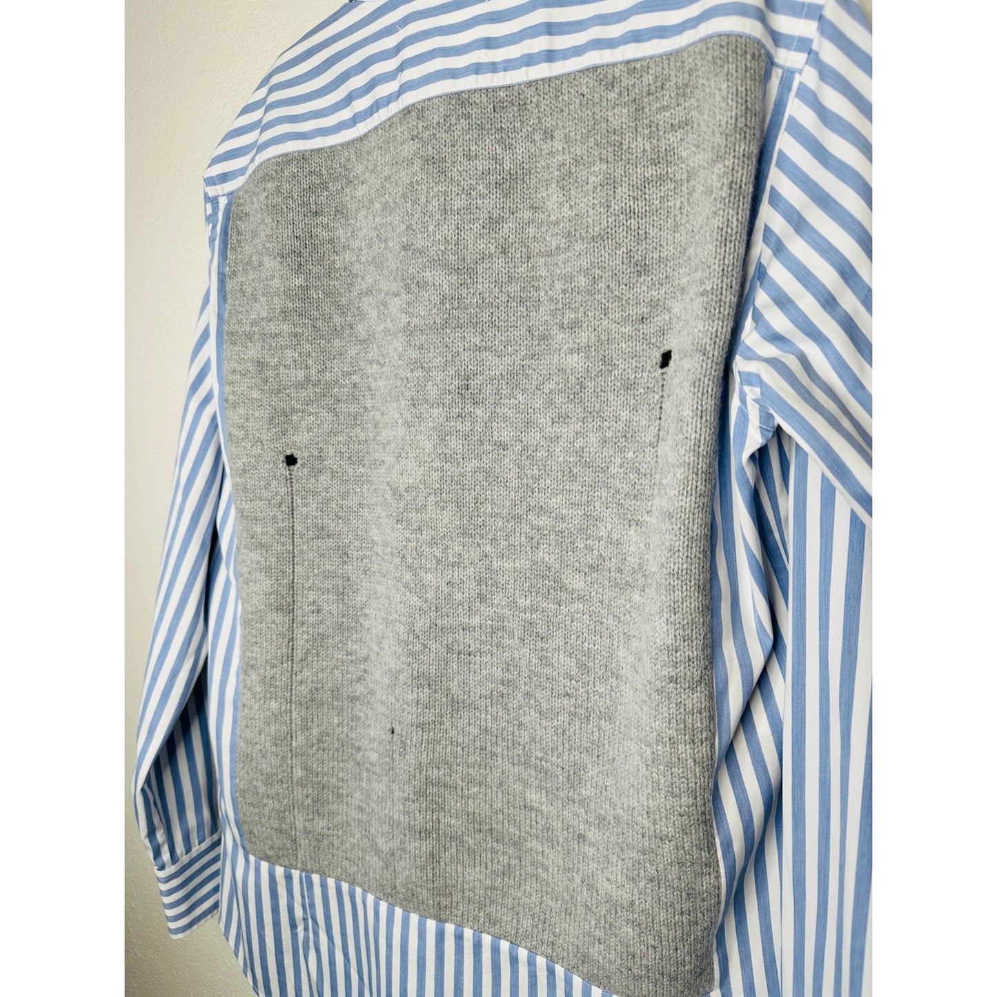 Maison Margiela Distressed Gray Vest Layered Blue & White Stripe Shirt