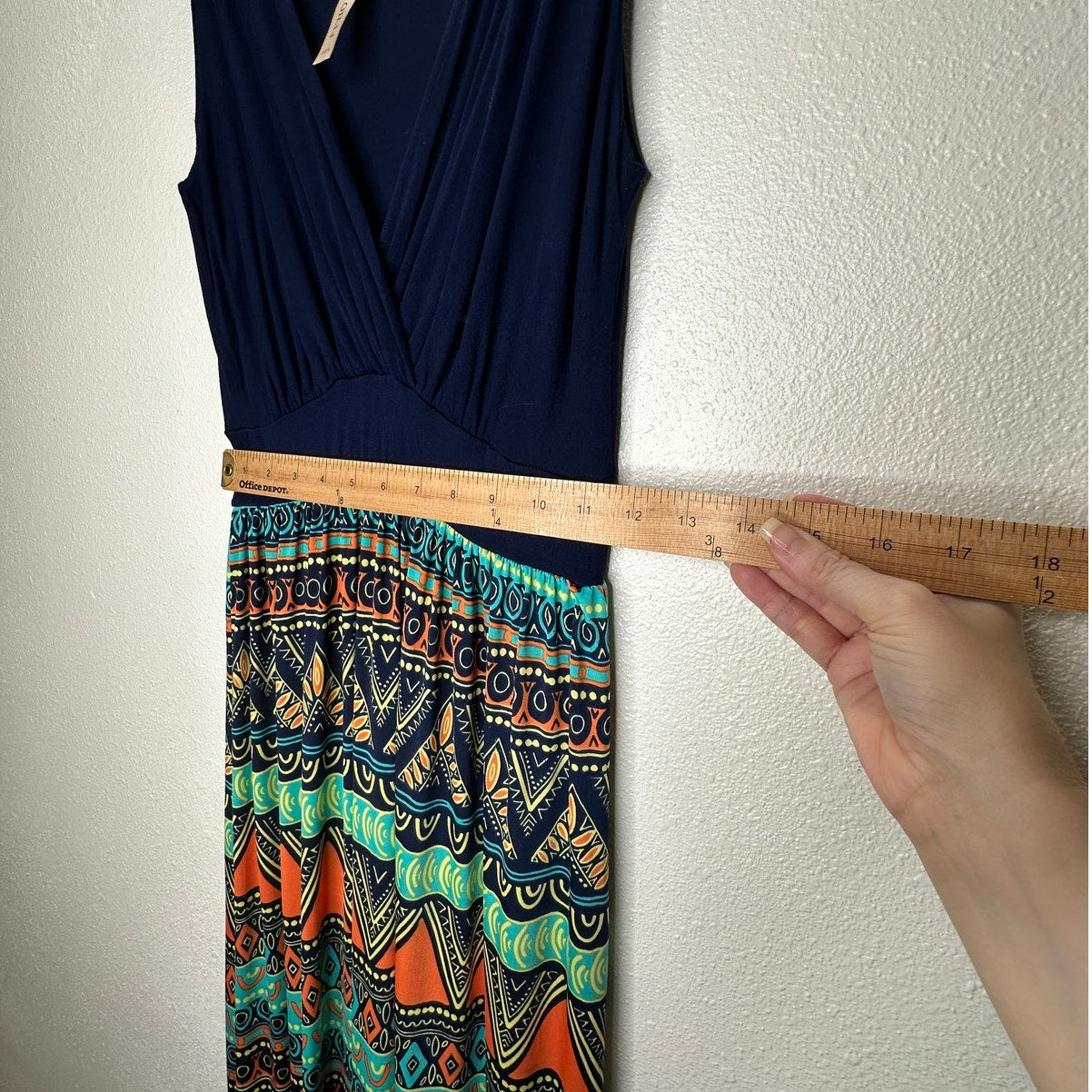 Gilli Navy Blue Teal Orange Multi Print Faux Wrap V-Neck Sleeveless Maxi Dress M