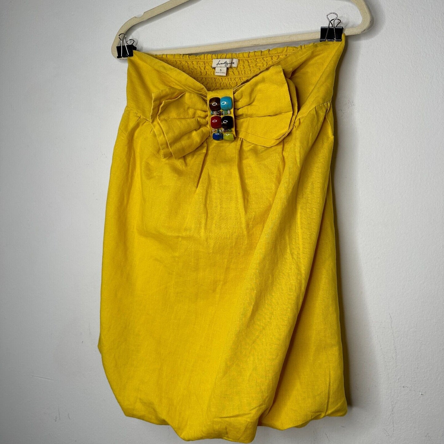 Yellow Linen Sleeveless Blouson Blouse Mini Dress Bead Bow Tie Front S
