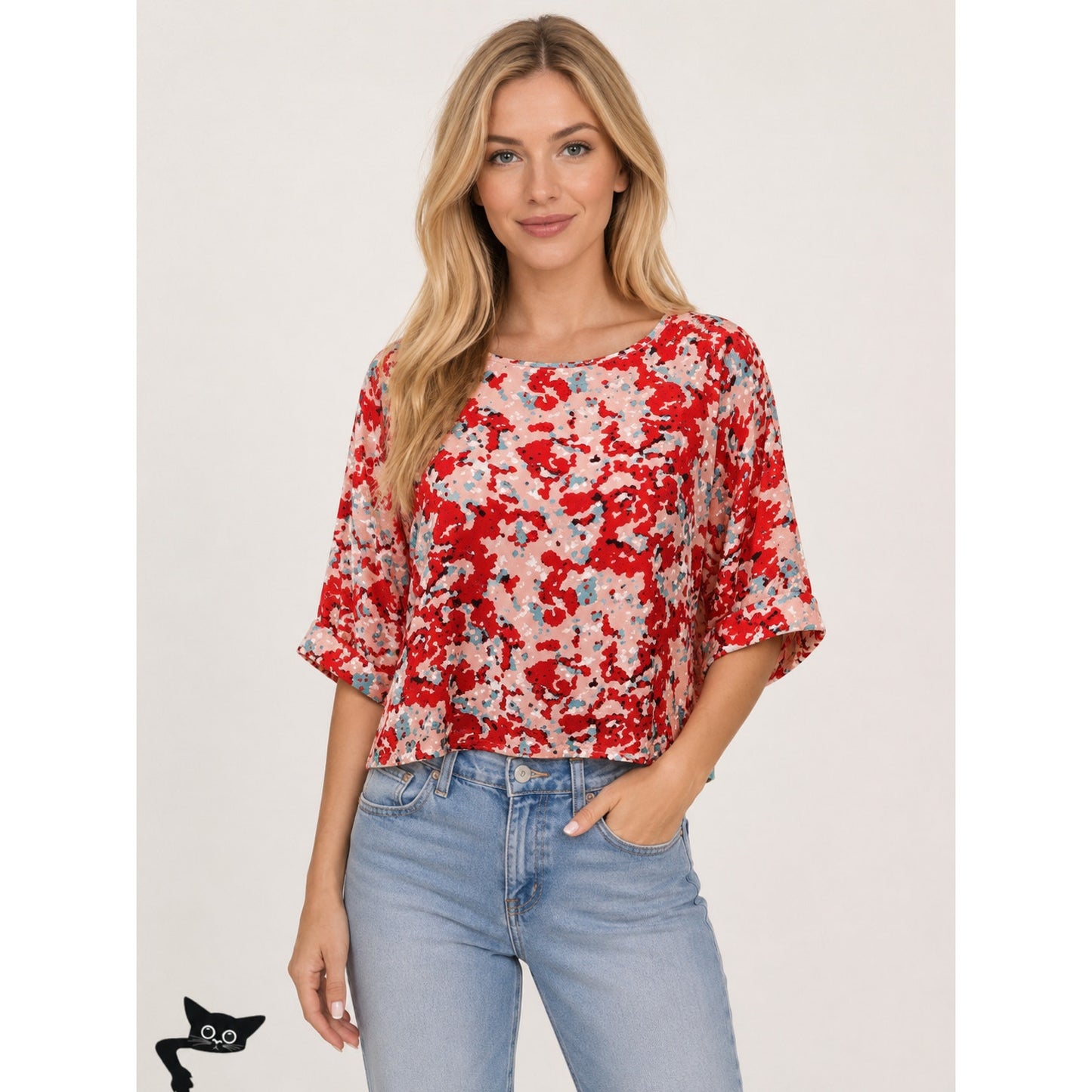 Cute Red Pink Blue Floral 3/4 Cuffed Sleeves Wide Round Neck Blouse Top L
