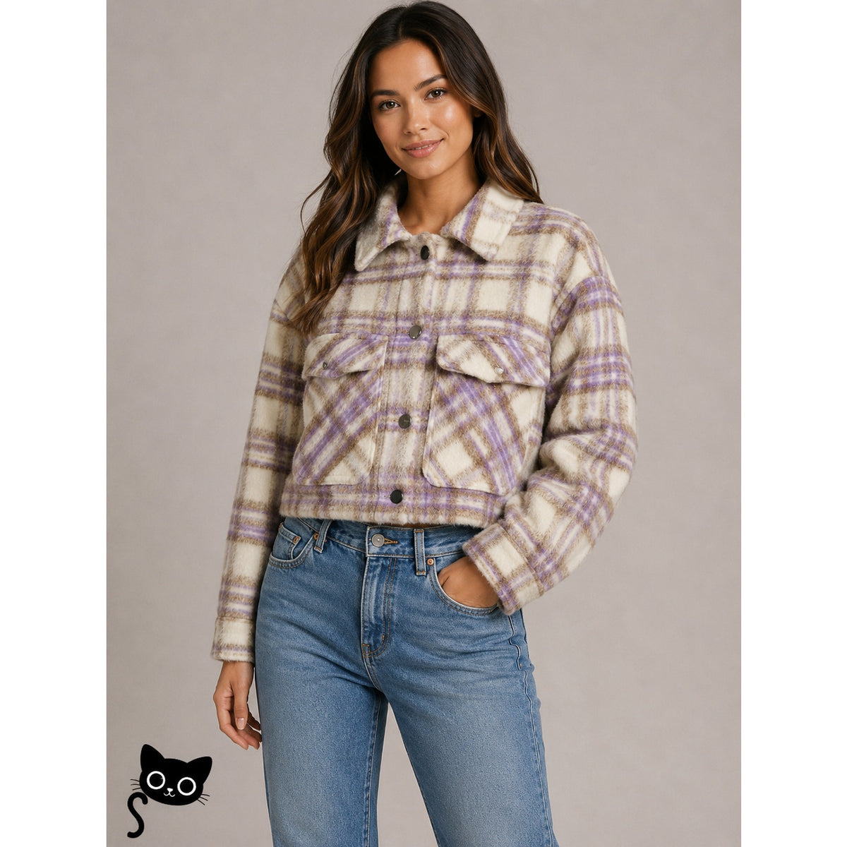 Zara Fuzzy Cream Purple Tan Plaid Front Button Pocket Crop Jacket Small