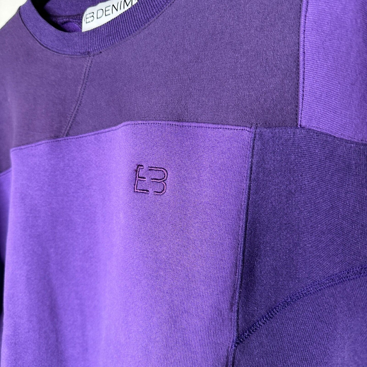 EB Denim Rich Purple Color Block Long Sleeve Crew Sweater Banded Wrist & Hem 1