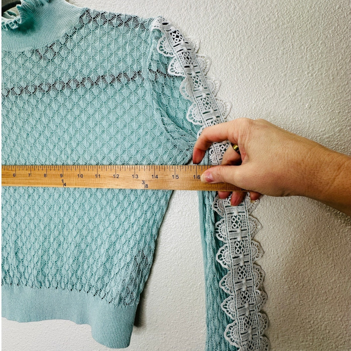 ZARA Aqua Crochet Knit White Lace Stripe Ruffle Neck  Crop Sweater S