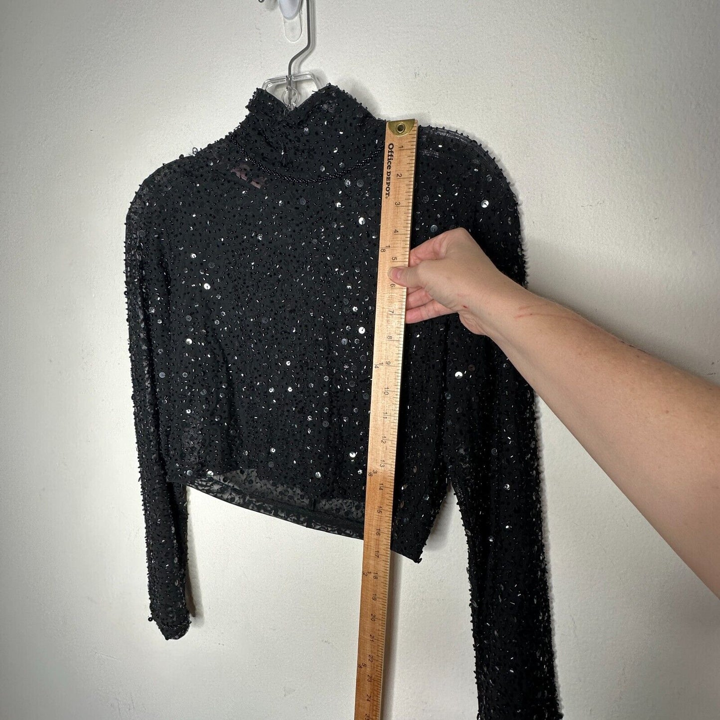 Dyspnea Sheer Black Sequin Mesh Mock Neck Long Sleeve Crop Top Hand Beaded Small
