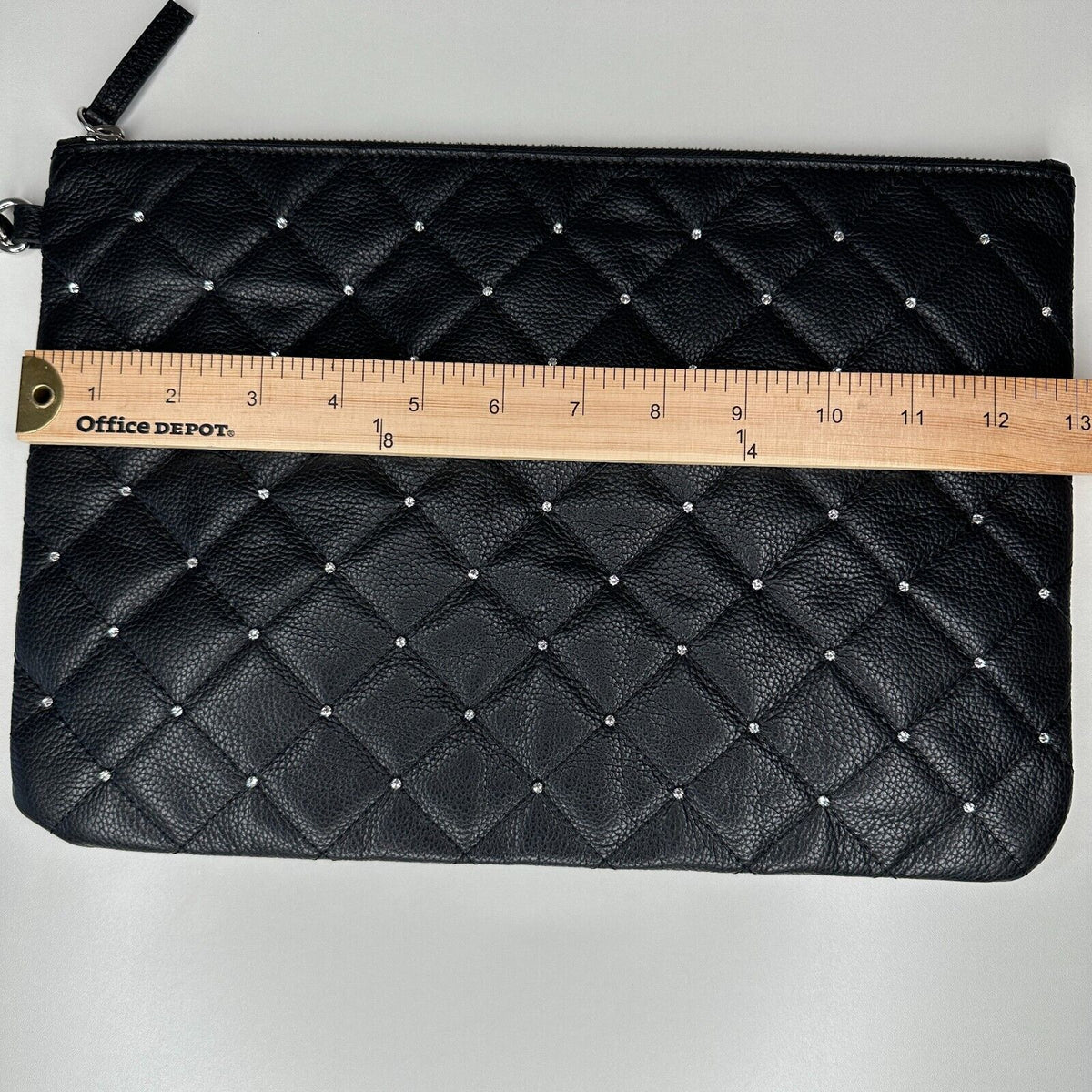NIB Swarovski Black Quilted Leather & Crystals Zip Close Leather Strap Clutch