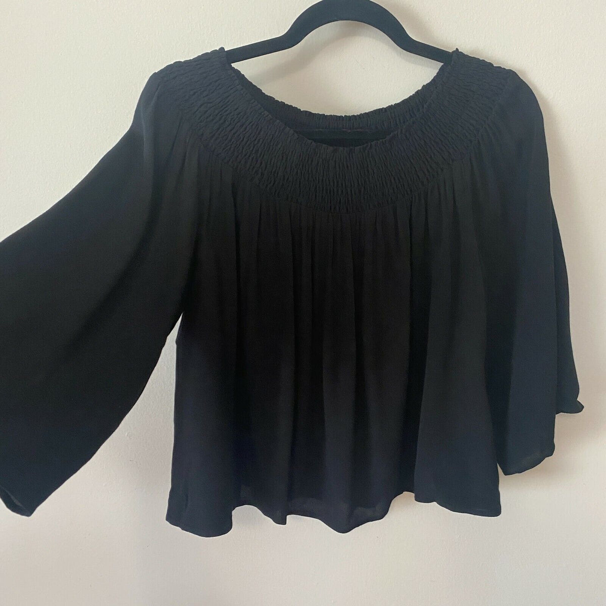 Aritzia Talula Marcilly Off Shoulder Ribbed Black Flowy Blouse Bell Sleeve SM