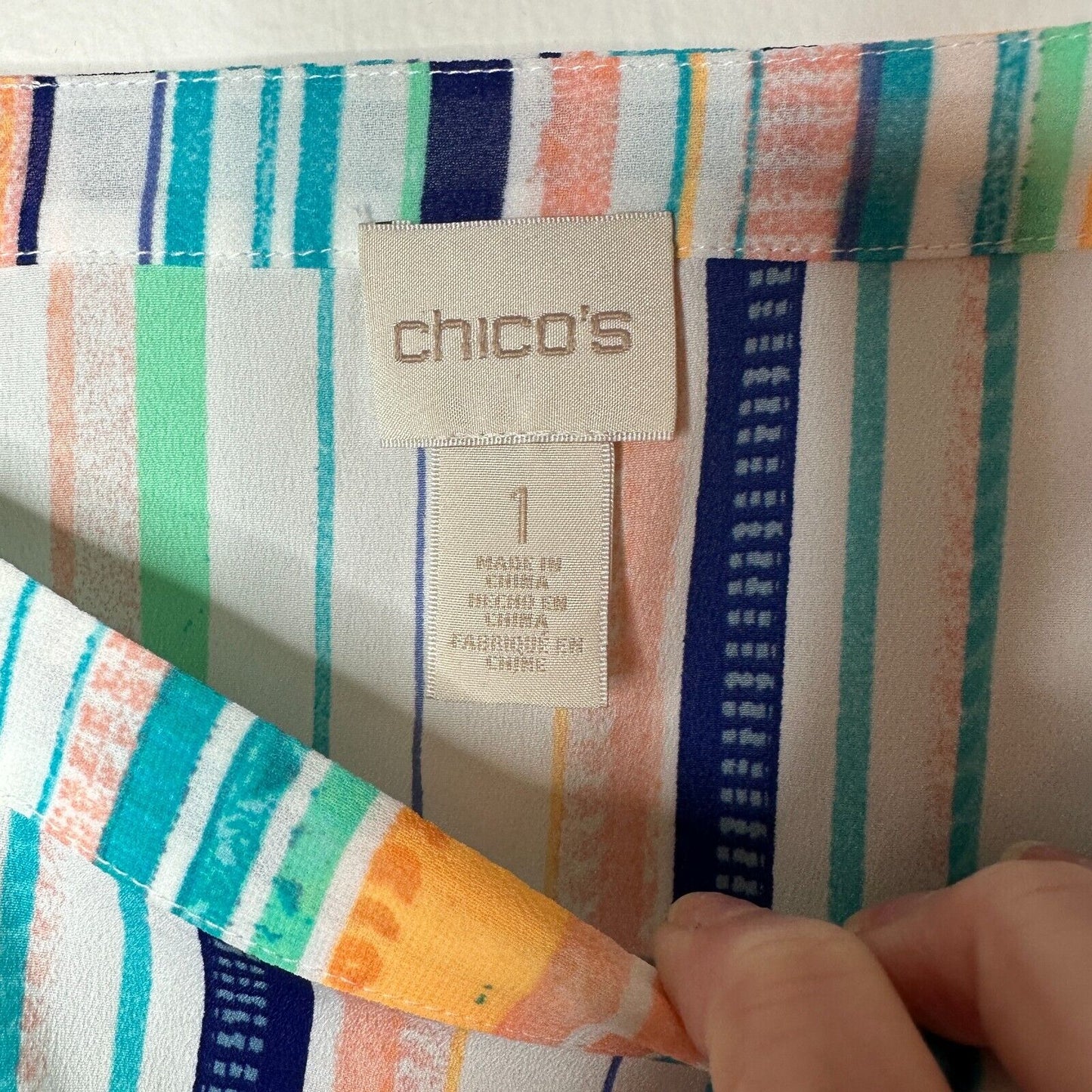 Chico's Aqua Peach and Green White Aztec Striped Boxy Blouse Short Sleeve 1