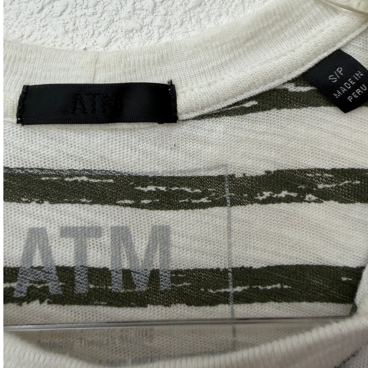 ATM Cream and Green Gray Striped Round Neck Short Sleeve T-shirt