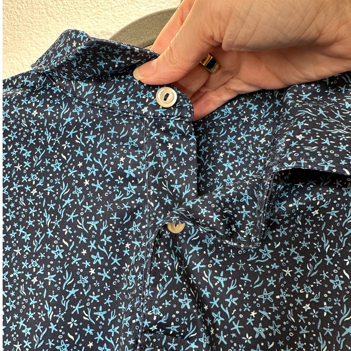 Black with Blue Ocean Starfish Print Polo Golf Shirt Short Sleeve Large