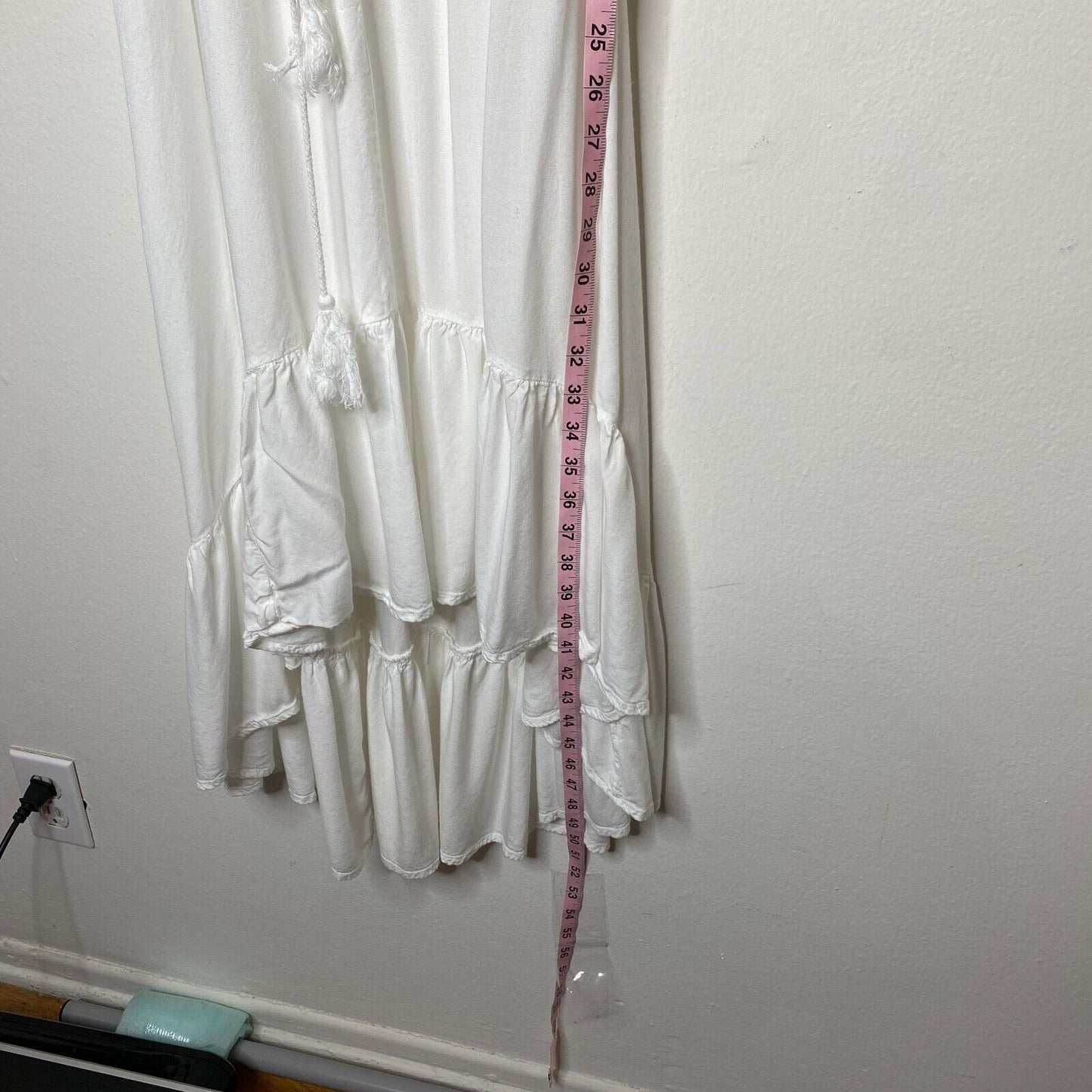 Aqua White Off-Shoulder Flowy Boho Dress Tiered Ruffle Empire Tie Waist Maxi Med