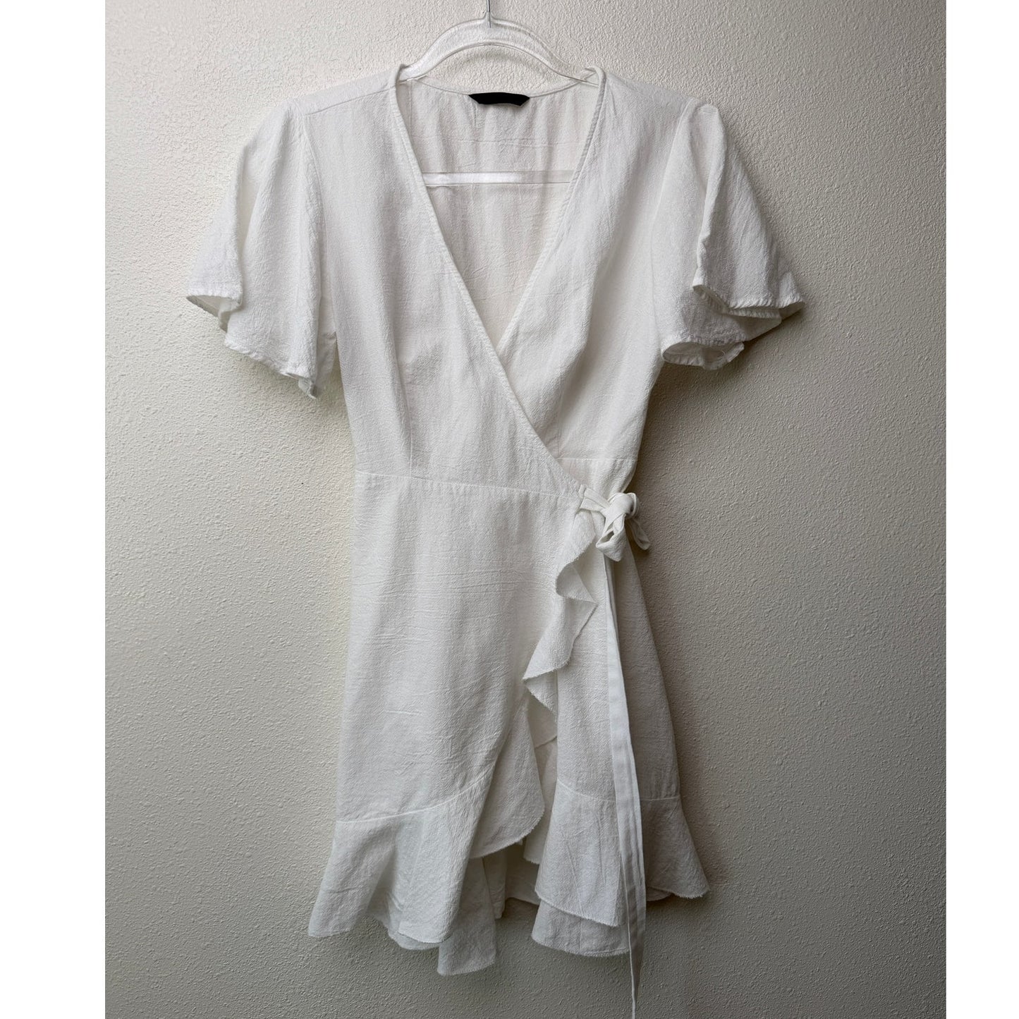 SHEIN White Cotton Wrap Mini Dress Short Sleeve Ruffle Hem Women's S