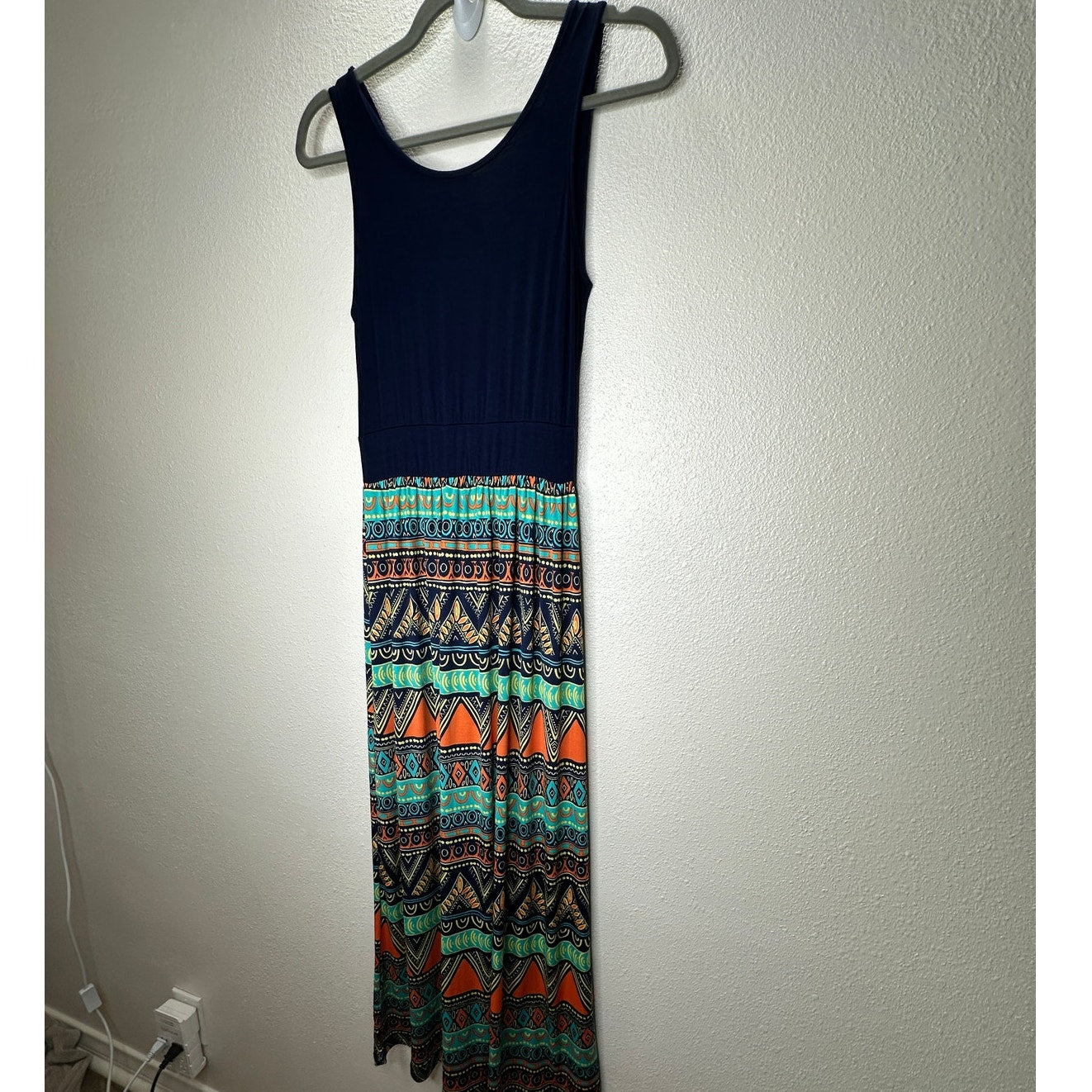 Gilli Navy Blue Teal Orange Multi Print Faux Wrap V-Neck Sleeveless Maxi Dress M