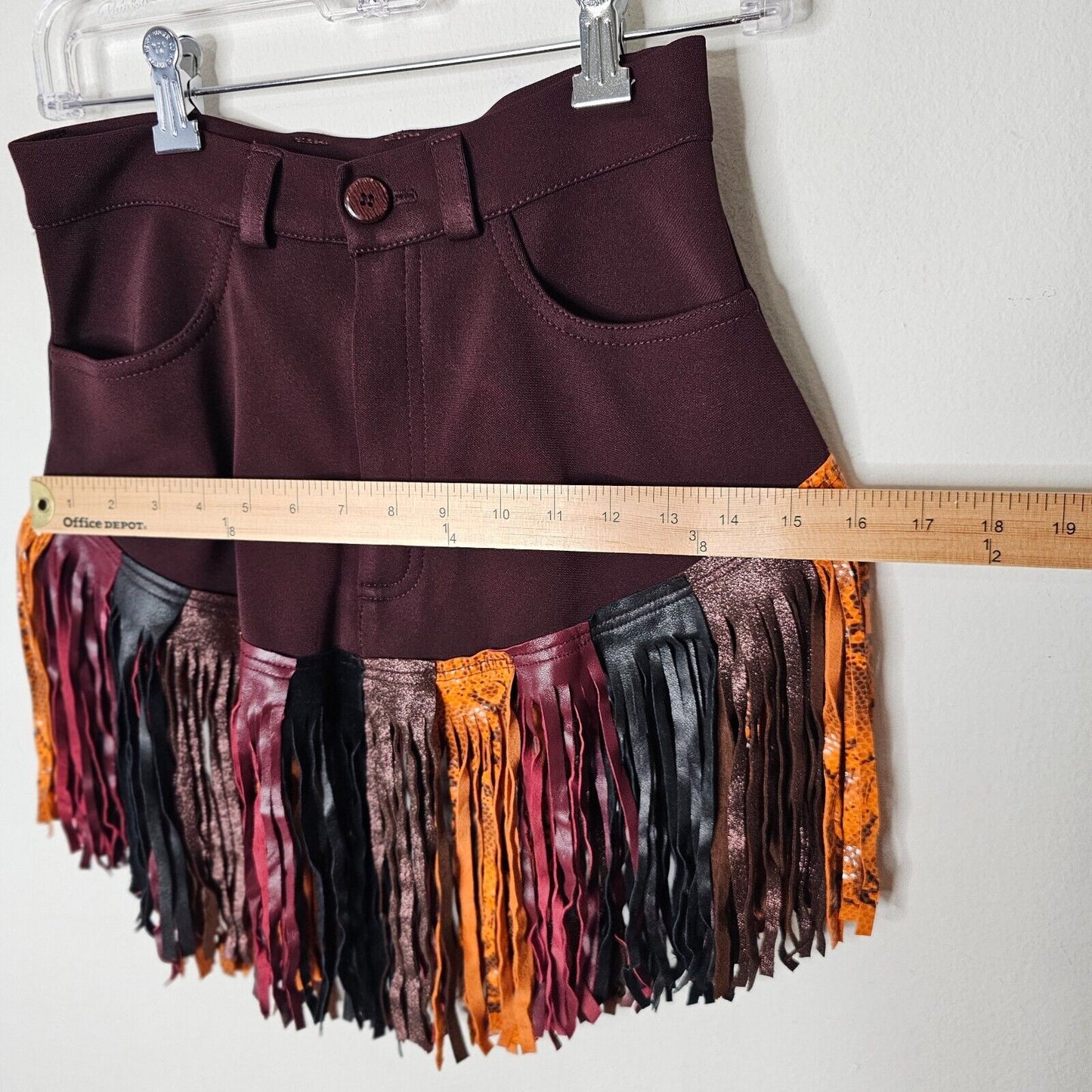 Burgundy Mini Skirt Snake Print Orange Black Shimmer Brown Leatherette Tassels M