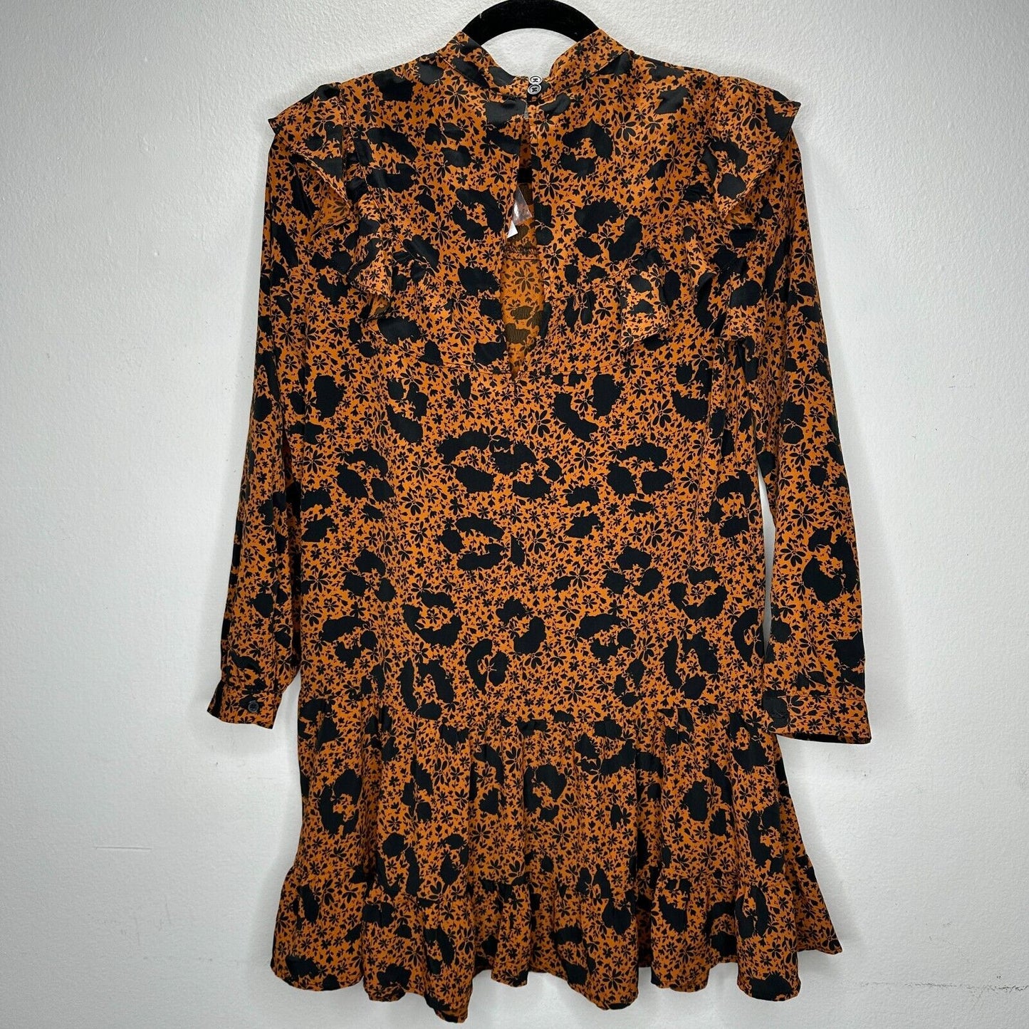 NWT Burnt Orange & Black Floral High Neck Ruffle Long Sleeve Dress 2