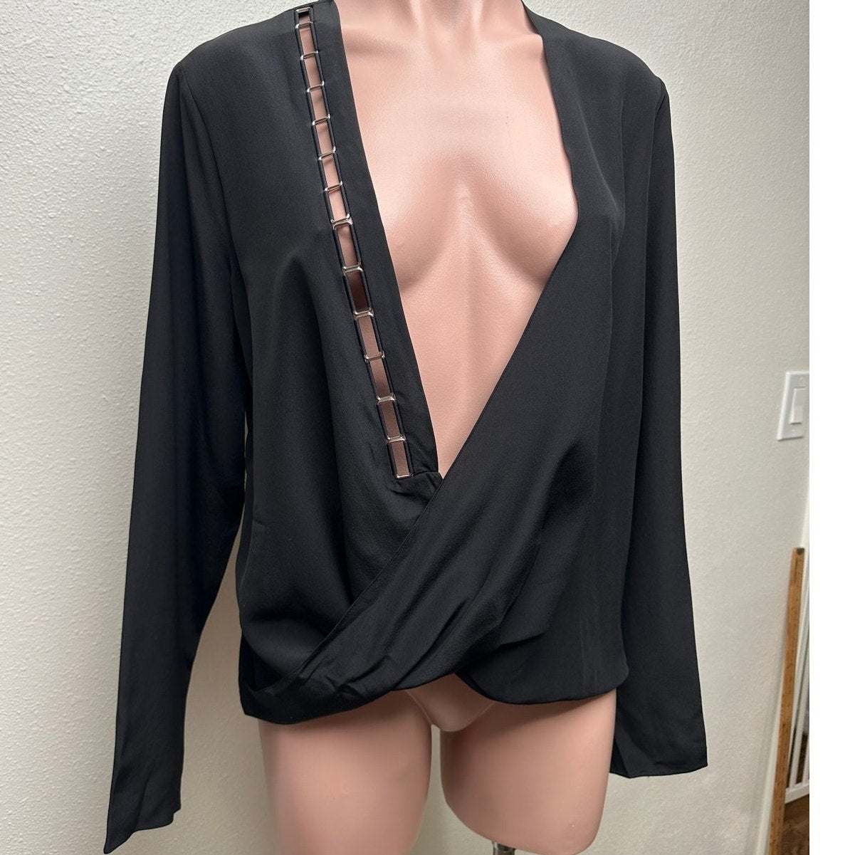 Mugler Black Silk Faux Wrap Chain Detail Blouse Women’s US 12