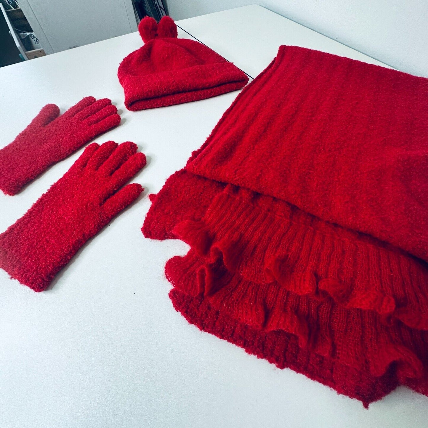 NWOT Moda Intl Cute Red Ribbed Winter Hat Scarf and Gloves Set Pom Poms OS