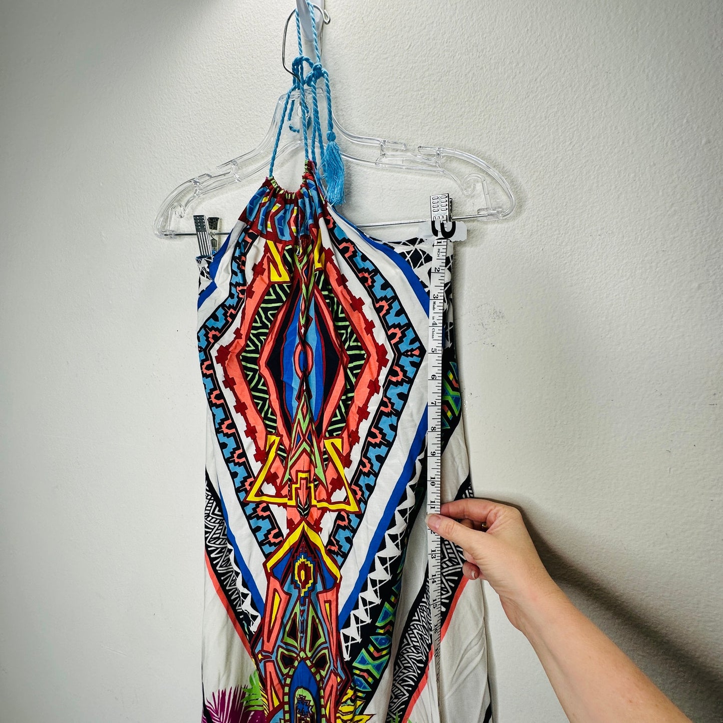 Sugarcloth White Blue Peach Multicolor Tribal Halter Maxi Dress