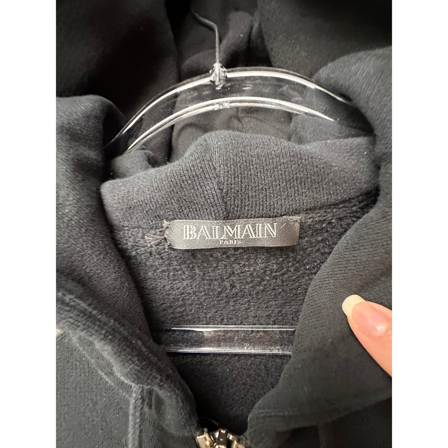FUC Balmain Black Moto Hoodie Jacket Quilted Leather Shoulder Zip Sweatshirt M
