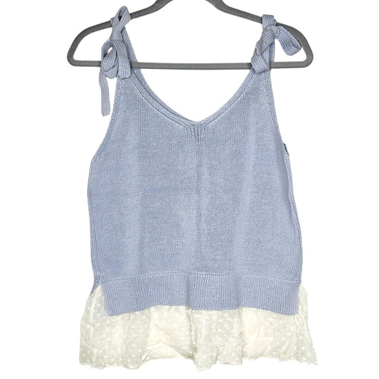 Club Monaco Purple White Knit V-Neck Tank Sheer Mesh Polka Dot Ruffle Hem Medium