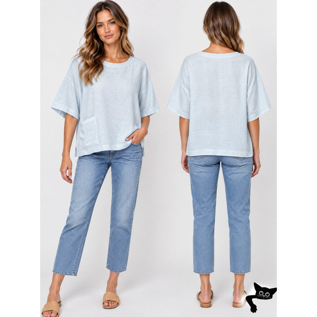 Eskandar Light Blue Boxy Linen Short Sleeve Front Pocket Round Neck Blouse Top 6
