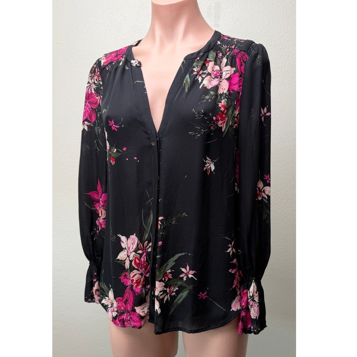 Joie Black Pink Floral Silk V Neck Blouse Women S