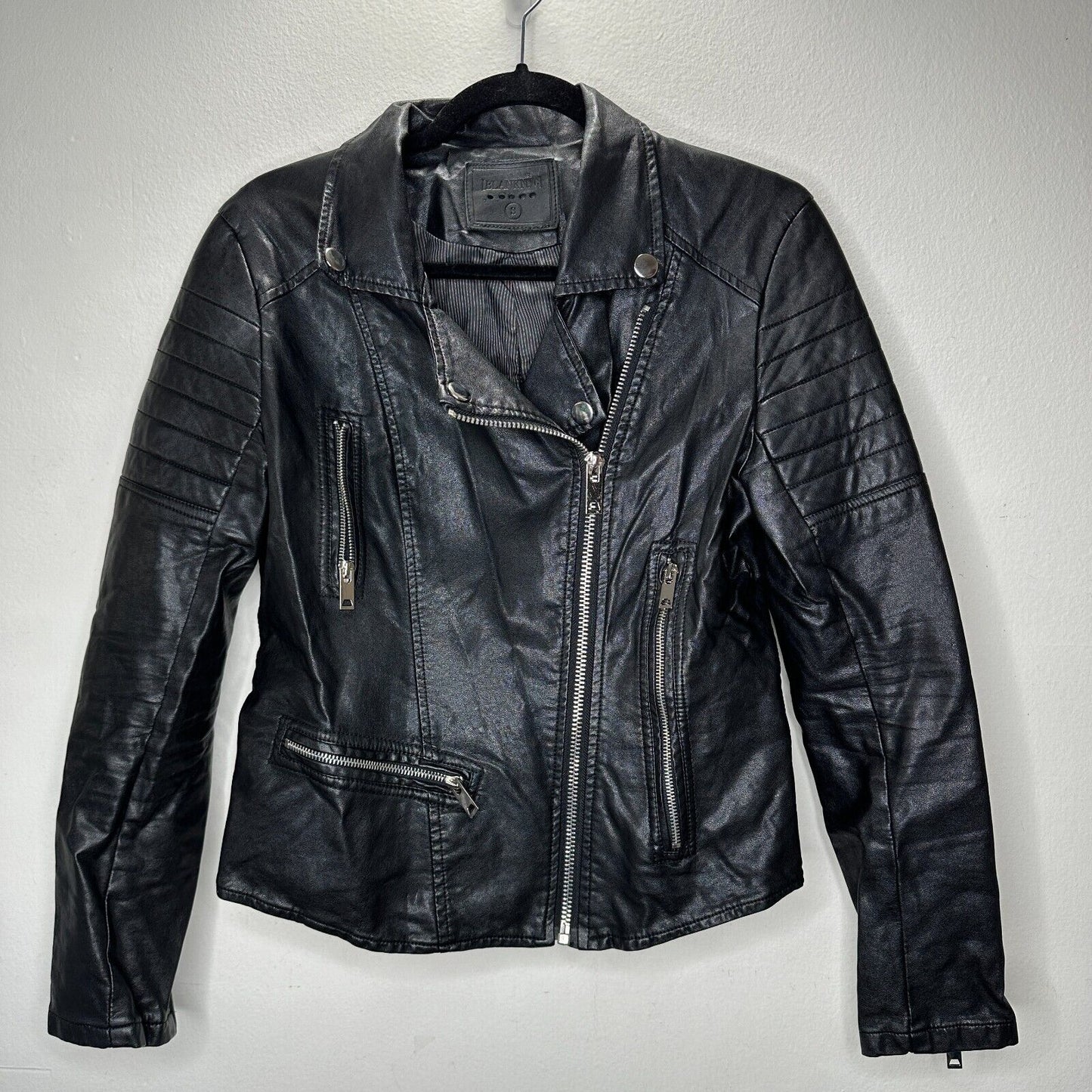 BlankNYC Black Faux Leather Zip Moto Jacket Quilted Shoulders & Back Design SM