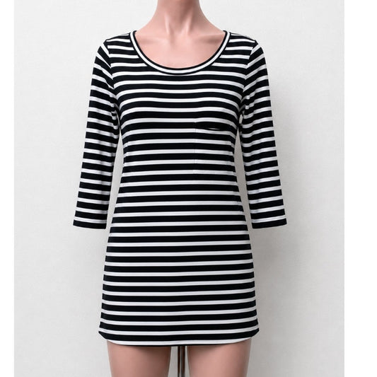 Evereve Sanctuary 3/4 Sleeve Black & White Stripe Open Back Tie Neck Dress XS