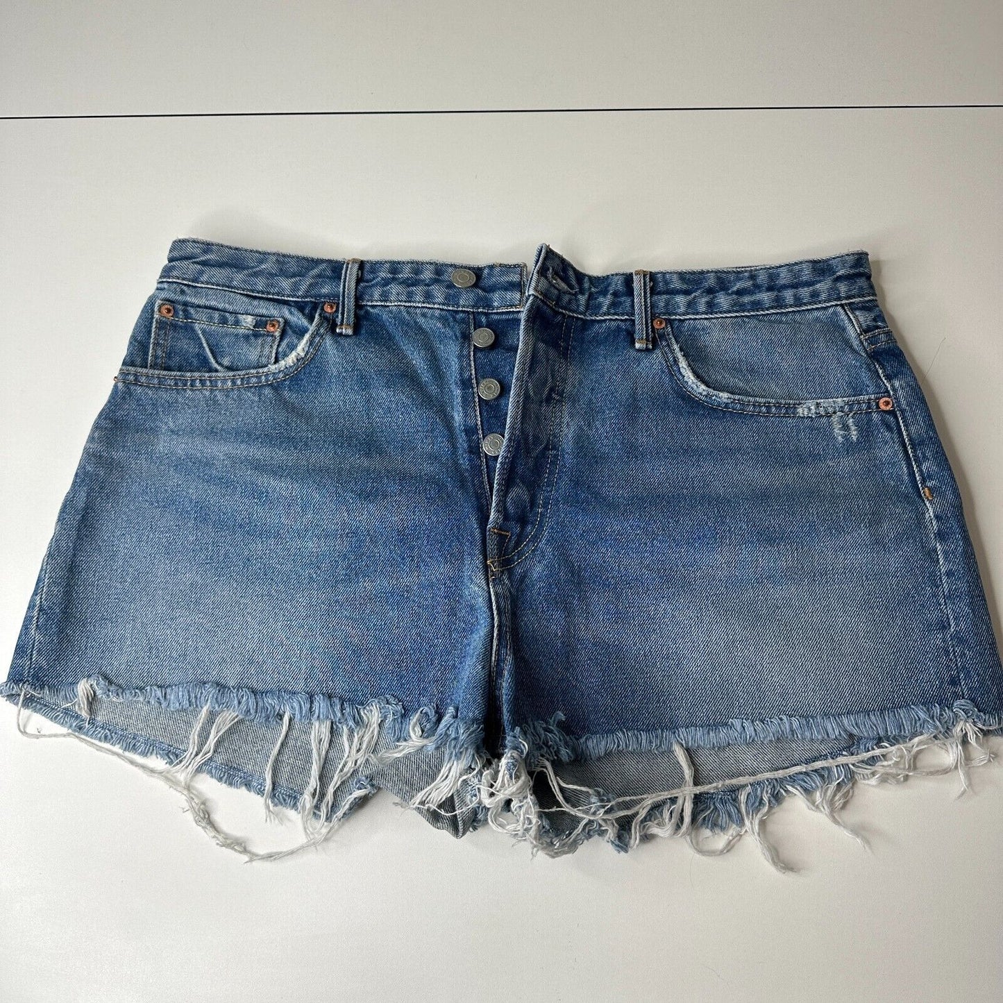 GRLFRND Cindy Button Fly High Rise Medium Blue Wash CutOff Jean Short Raw Hem 32
