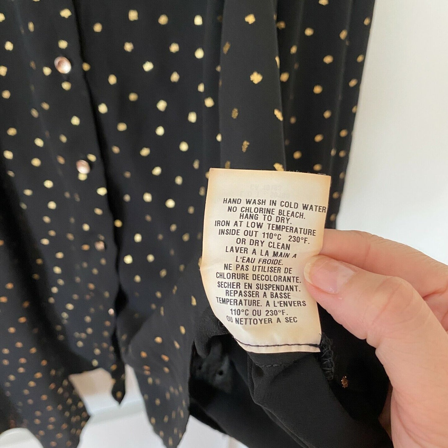 Cartise Black and Gold Polka Dot Button Down Shirt Sheer Front Overlay Panel 14