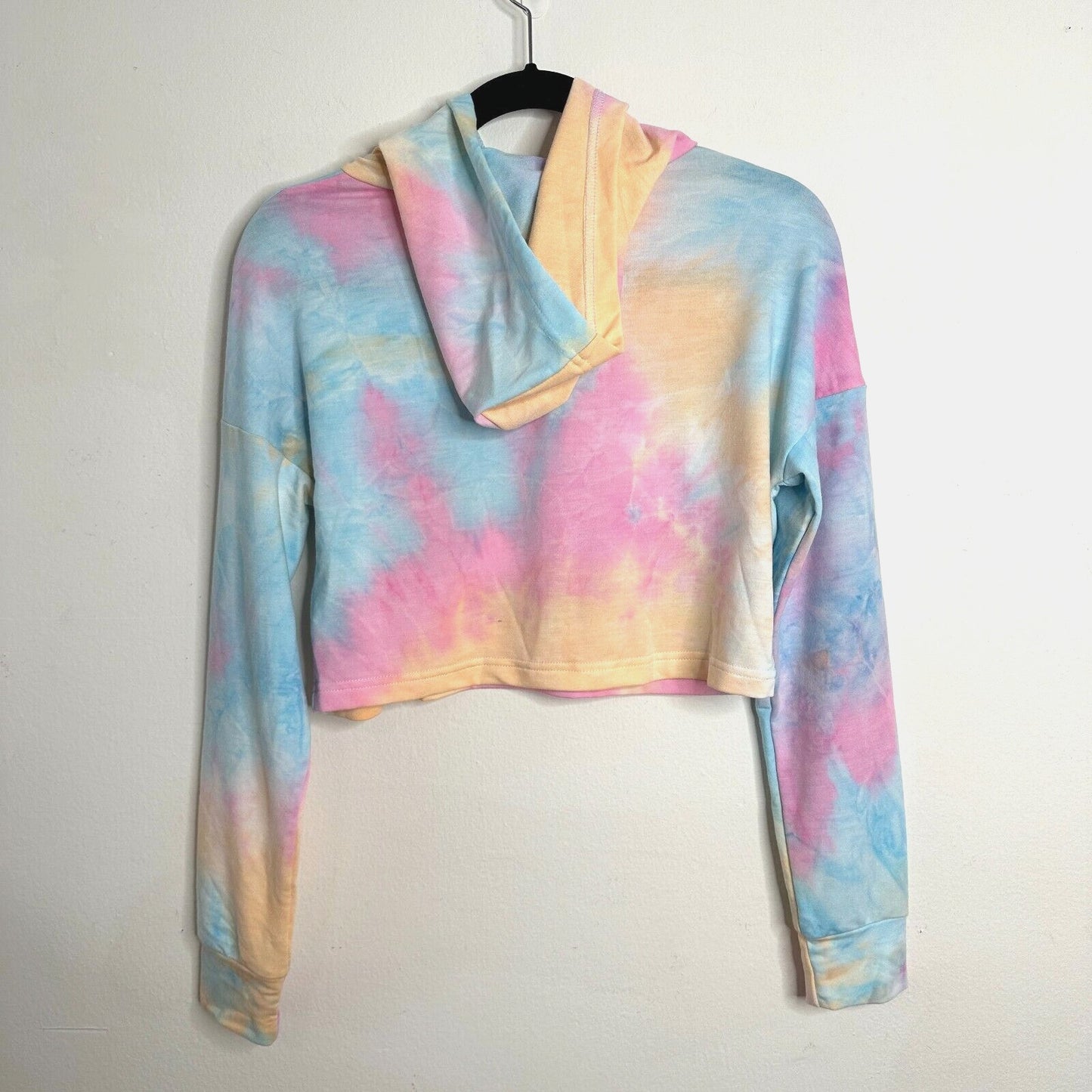 Lightweight Pale Pink Blue Tie Dye Drop Shoulder Long Sleeve Crop Hoodie Small